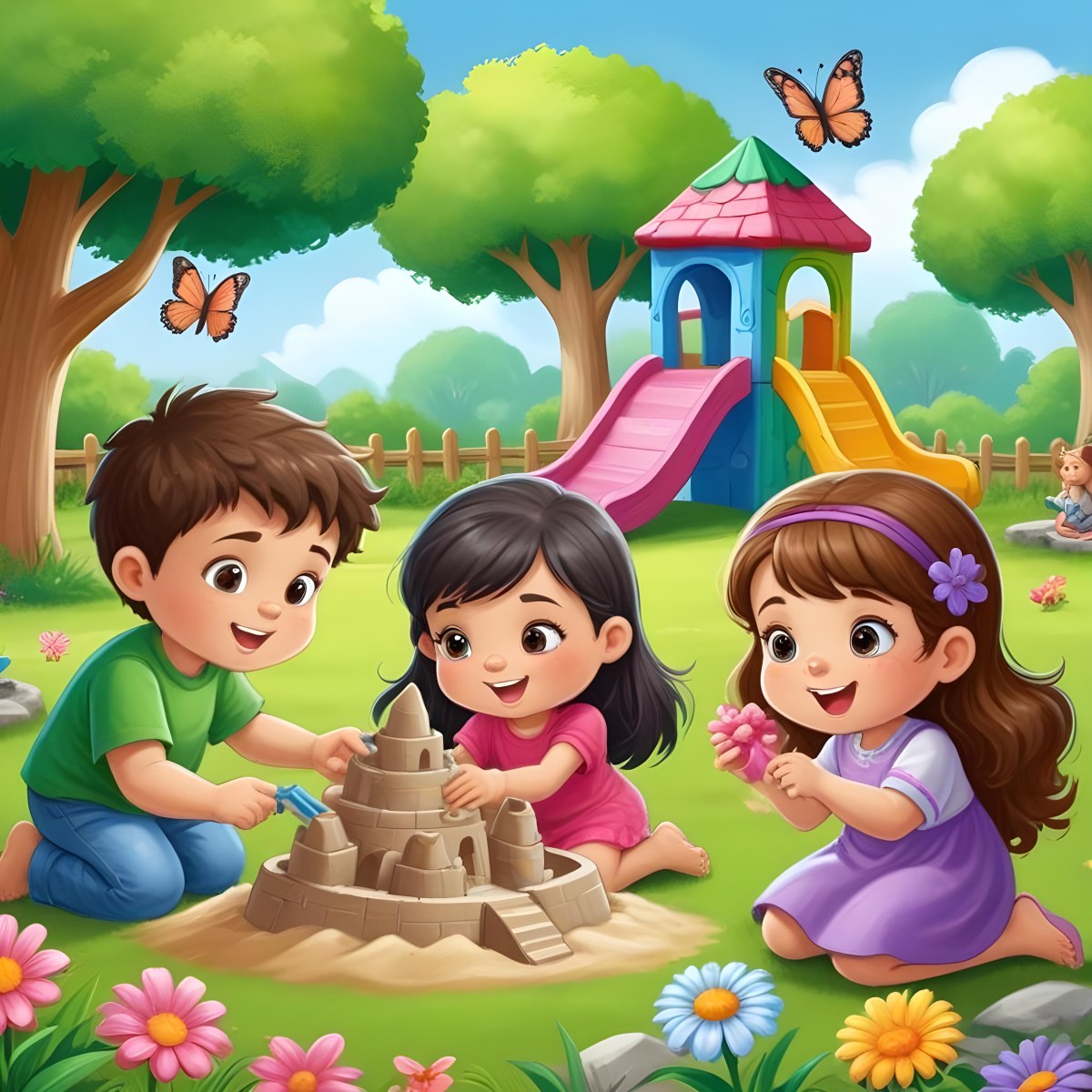 Digital Painting Three Children Playing In A Vibrant Park A Girl With Light Skin And Brown Hair Around 6 Years Old Is Building A Sandcastle Two Children One With Dark Hair And Light Skin And The Other With Bro 26 4572