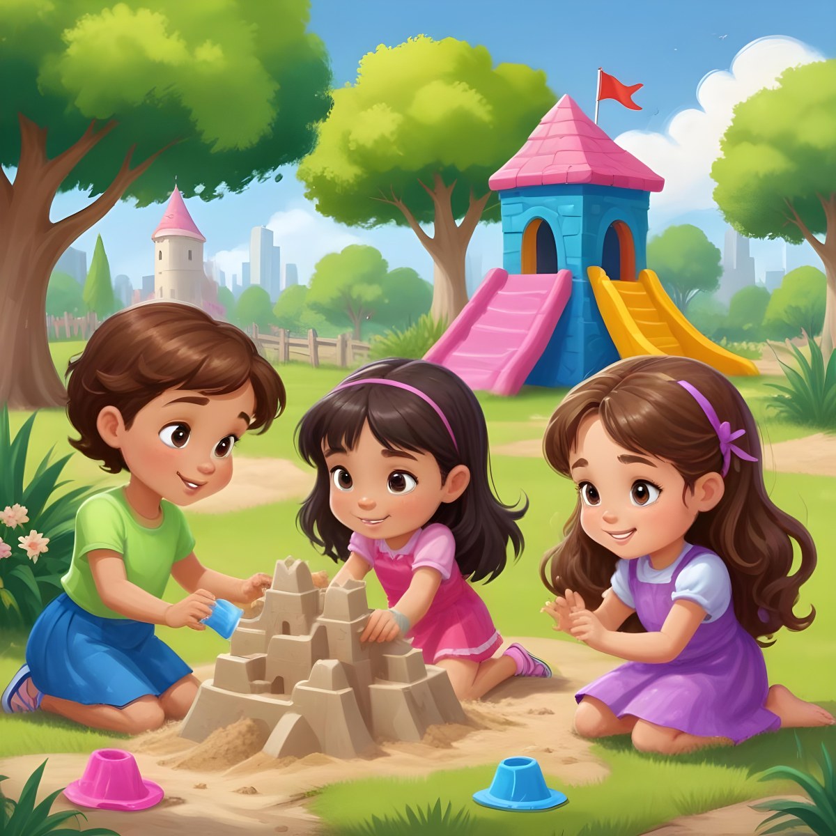 Digital Painting Three Children Playing In A Vibrant Park A Girl With Light Skin And Brown Hair Around 6 Years Old Is Building A Sandcastle Two Children One With Dark Hair And Light Skin And The Other With Bro 28 4661