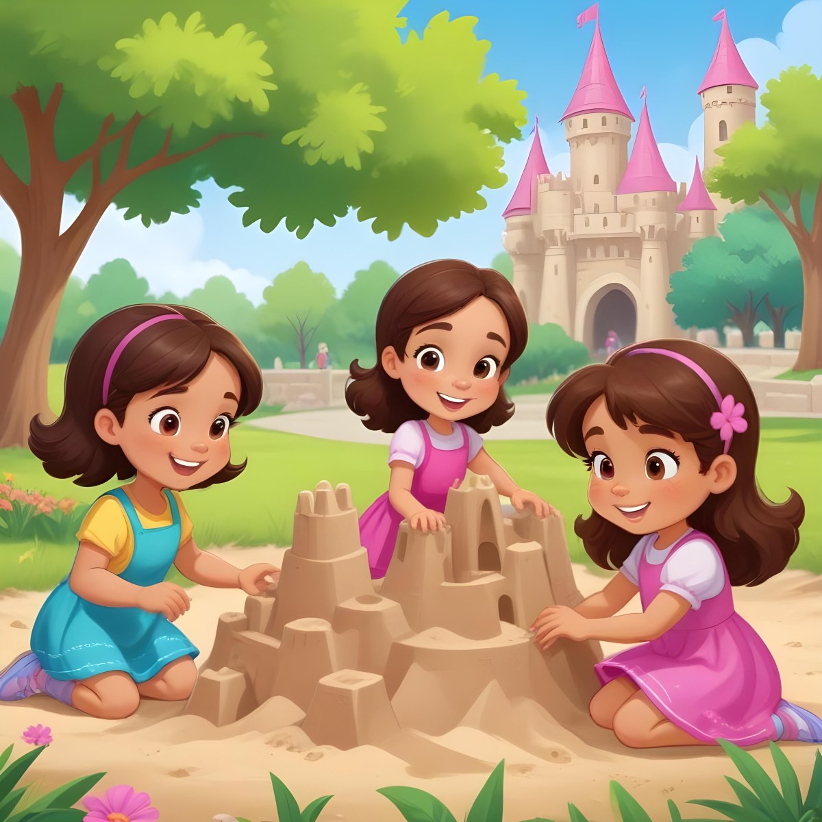 Digital Painting Three Children Playing In A Vibrant Park A Girl With Light Skin And Brown Hair Around 6 Years Old Is Building A Sandcastle Two Children One With Dark Hair And Light Skin And The Other With Bro 3 Ec81