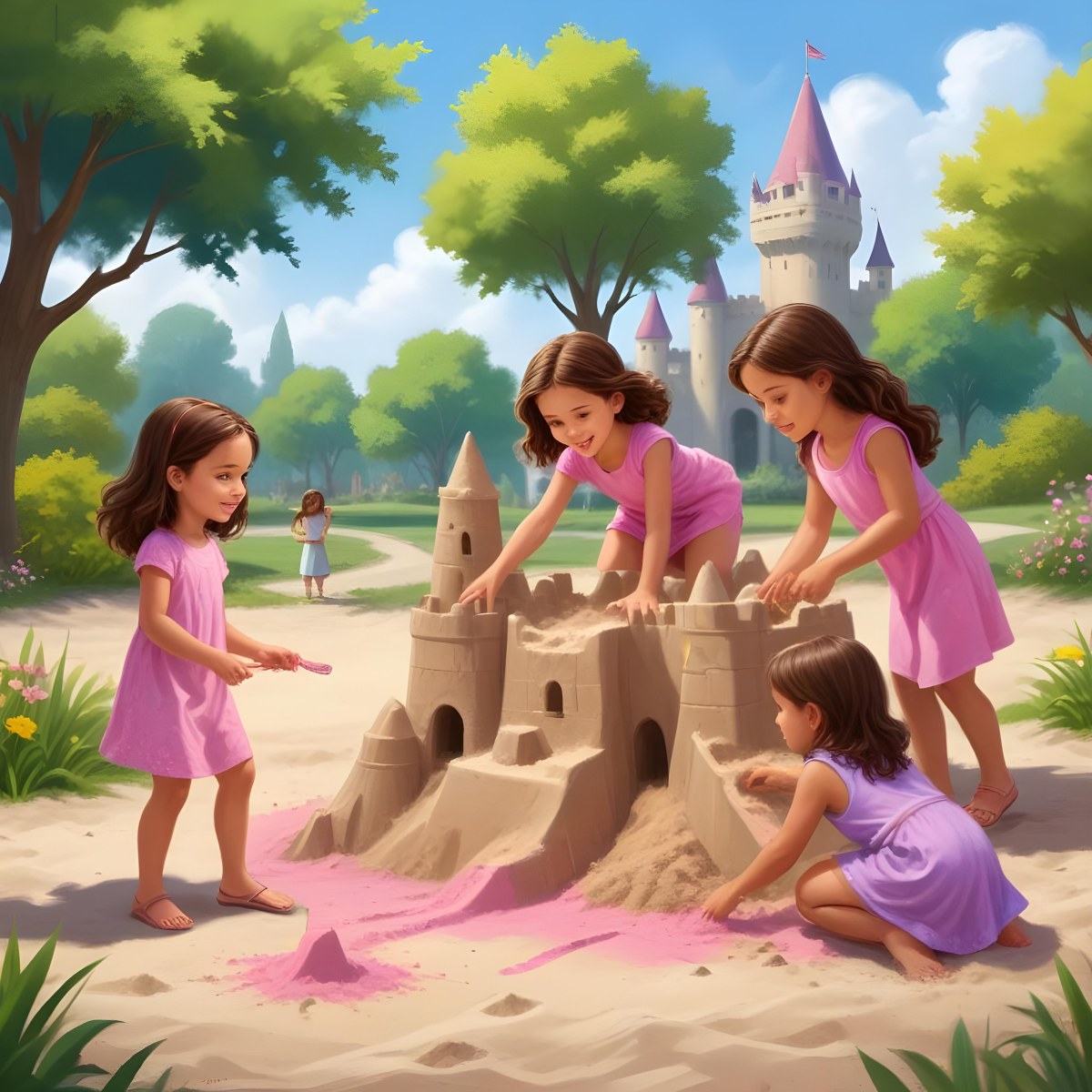 Digital Painting Three Children Playing In A Vibrant Park A Girl With Light Skin And Brown Hair Around 6 Years Old Is Building A Sandcastle Two Children One With Dark Hair And Light Skin And The Other With Bro 36 0a1e