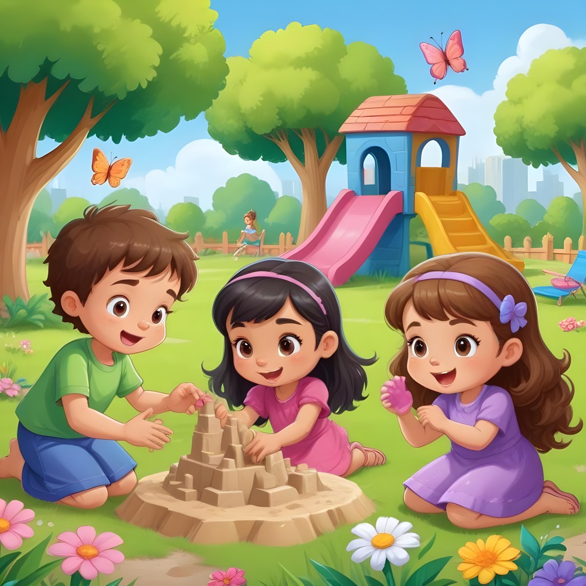 Digital Painting Three Children Playing In A Vibrant Park A Girl With Light Skin And Brown Hair Around 6 Years Old Is Building A Sandcastle Two Children One With Dark Hair And Light Skin And The Other With Bro 4 4d21