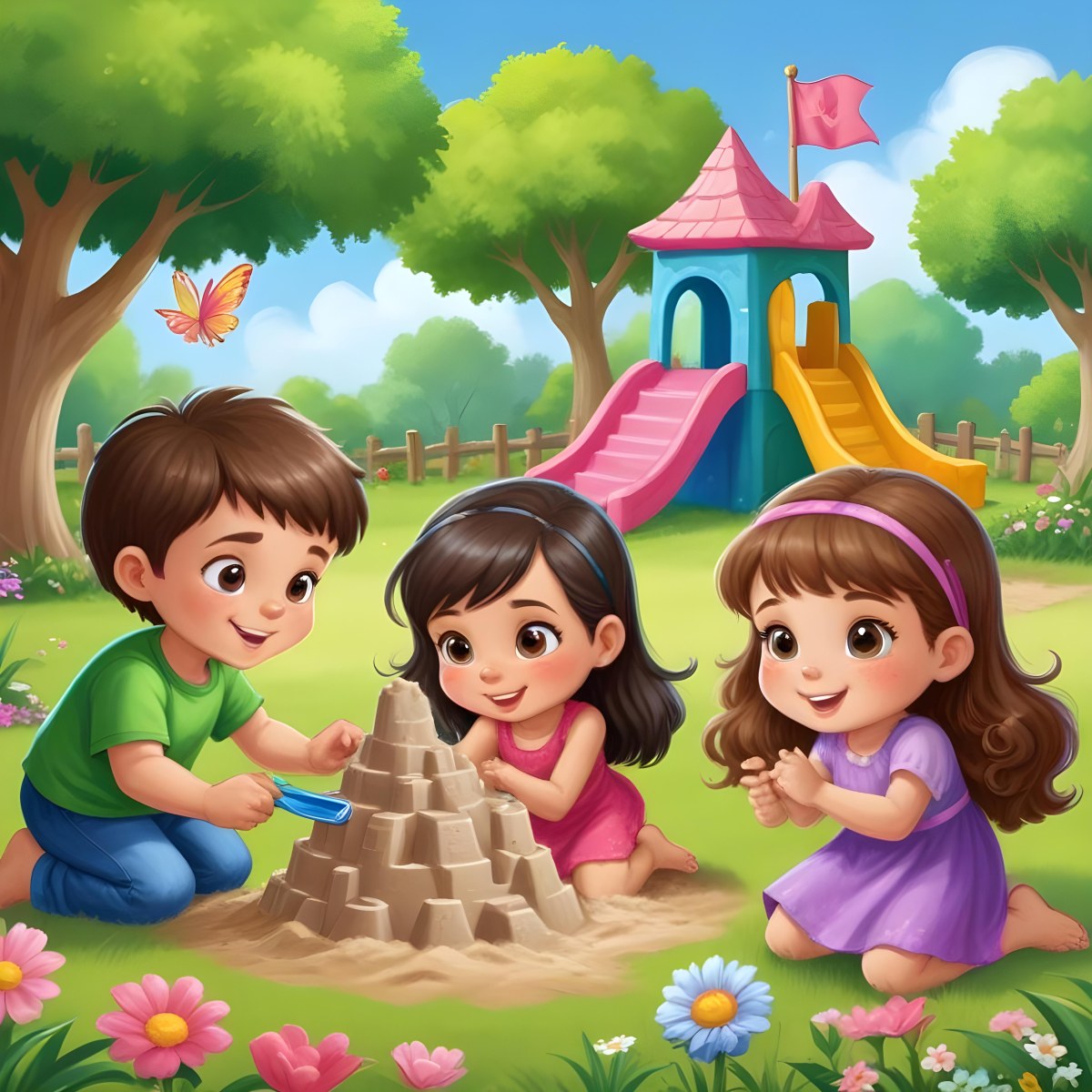 Digital Painting Three Children Playing In A Vibrant Park A Girl With Light Skin And Brown Hair Around 6 Years Old Is Building A Sandcastle Two Children One With Dark Hair And Light Skin And The Other With Bro 41 773c