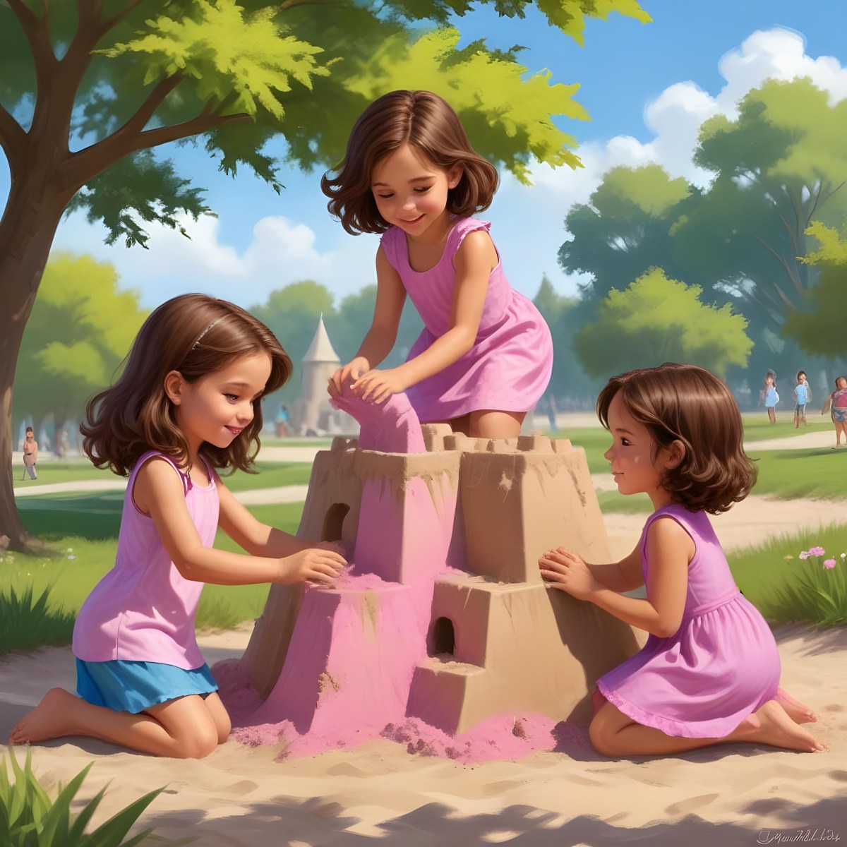 Digital Painting Three Children Playing In A Vibrant Park A Girl With Light Skin And Brown Hair Around 6 Years Old Is Building A Sandcastle Two Children One With Dark Hair And Light Skin And The Other With Bro 42 Ce8d