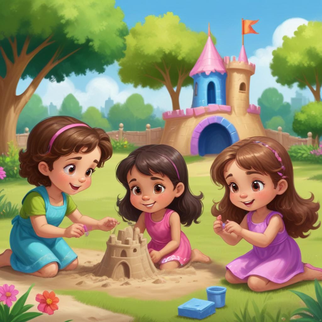 Digital Painting Three Children Playing In A Vibrant Park A Girl With Light Skin And Brown Hair Around 6 Years Old Is Building A Sandcastle Two Children One With Dark Hair And Light Skin And The Other With Bro 43 4379