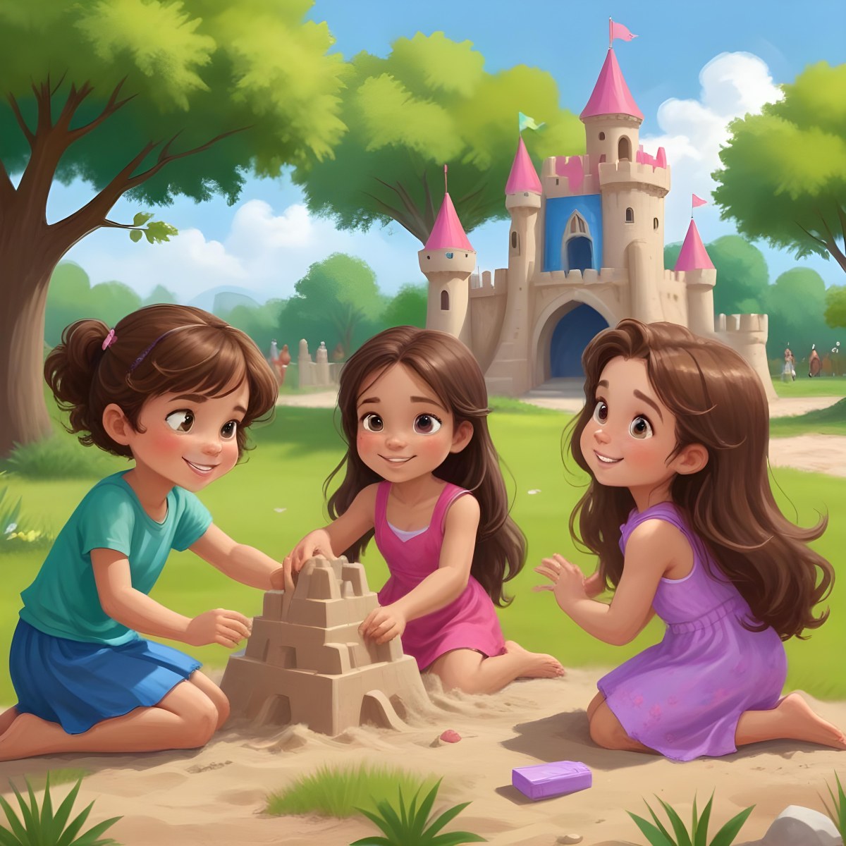 Digital Painting Three Children Playing In A Vibrant Park A Girl With Light Skin And Brown Hair Around 6 Years Old Is Building A Sandcastle Two Children One With Dark Hair And Light Skin And The Other With Bro 44 8849