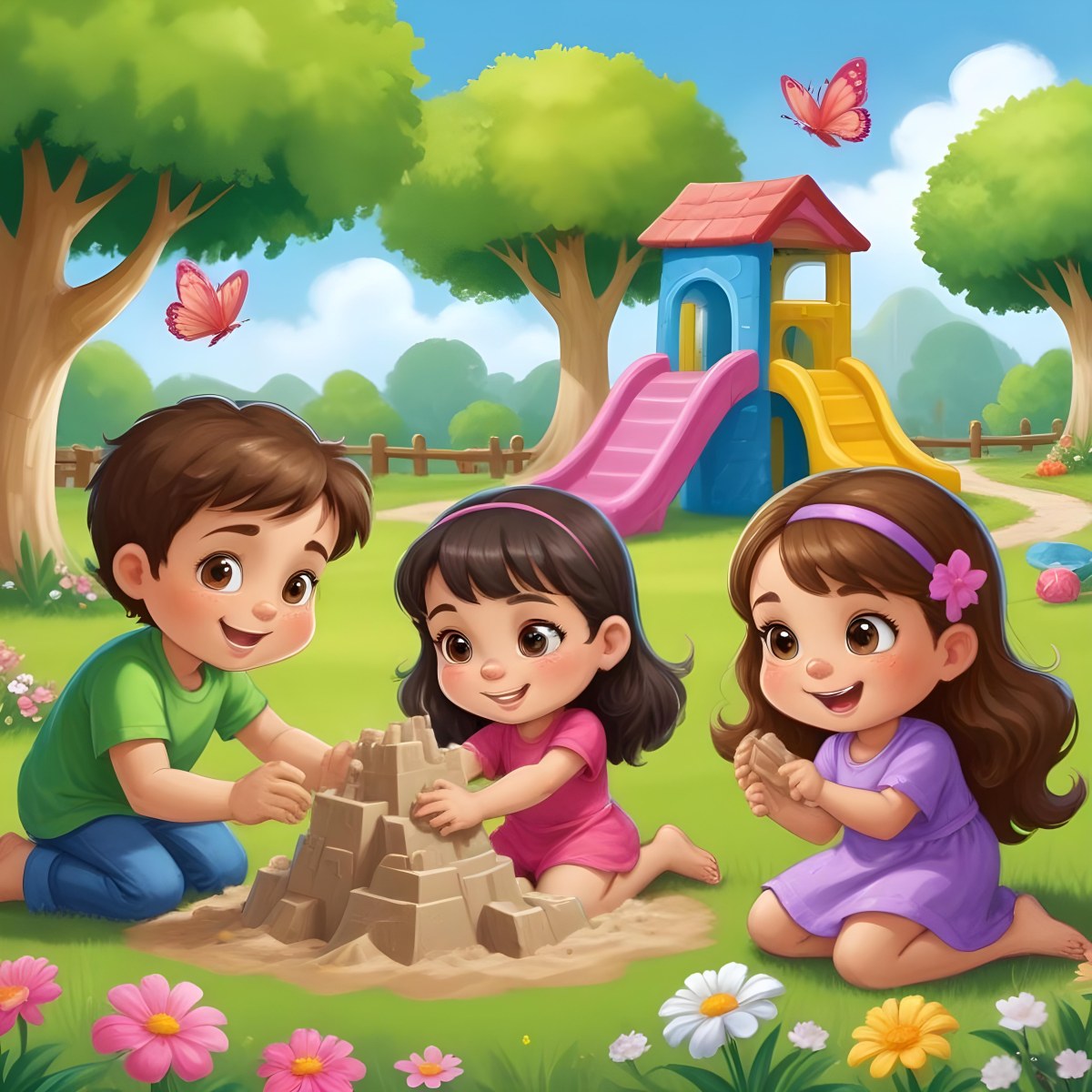 Digital Painting Three Children Playing In A Vibrant Park A Girl With Light Skin And Brown Hair Around 6 Years Old Is Building A Sandcastle Two Children One With Dark Hair And Light Skin And The Other With Bro 45 6d8a