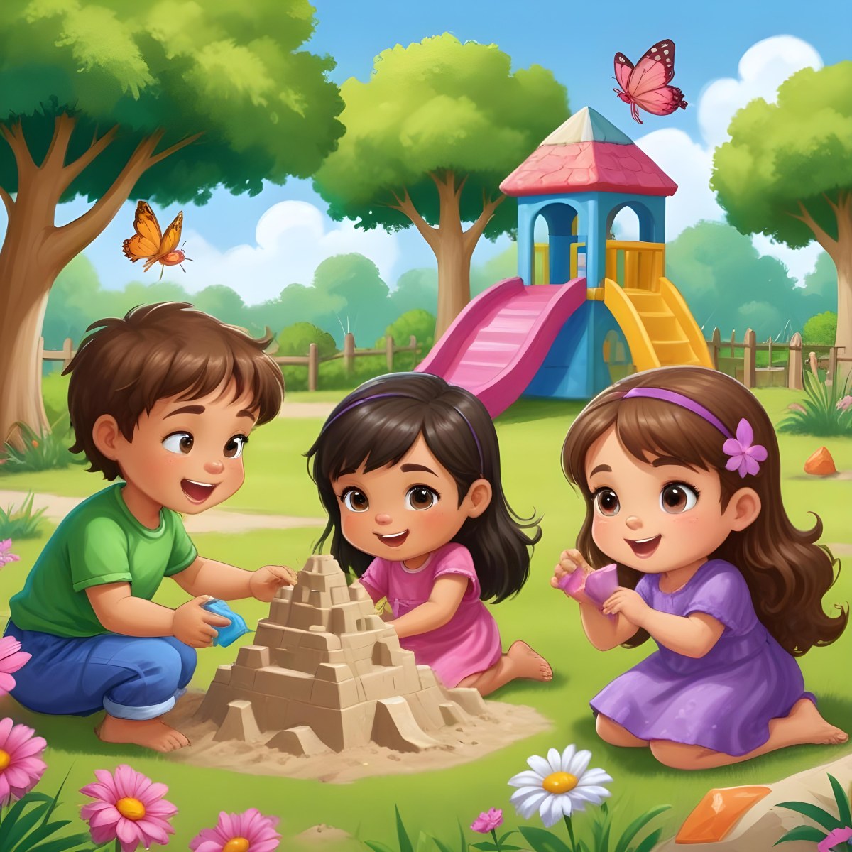 Digital Painting Three Children Playing In A Vibrant Park A Girl With Light Skin And Brown Hair Around 6 Years Old Is Building A Sandcastle Two Children One With Dark Hair And Light Skin And The Other With Bro 46 A57b