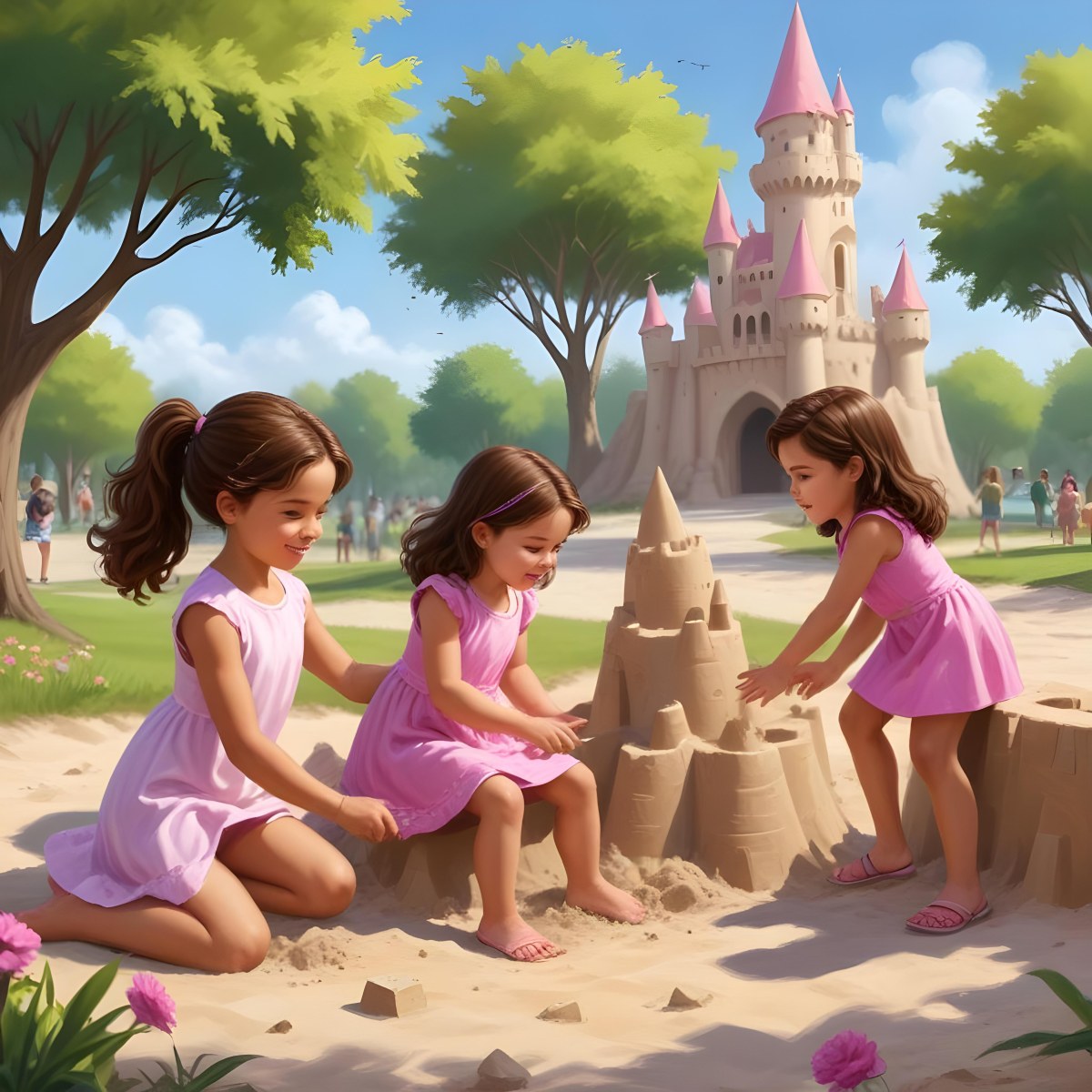Digital Painting Three Children Playing In A Vibrant Park A Girl With Light Skin And Brown Hair Around 6 Years Old Is Building A Sandcastle Two Children One With Dark Hair And Light Skin And The Other With Bro 47 Ef97