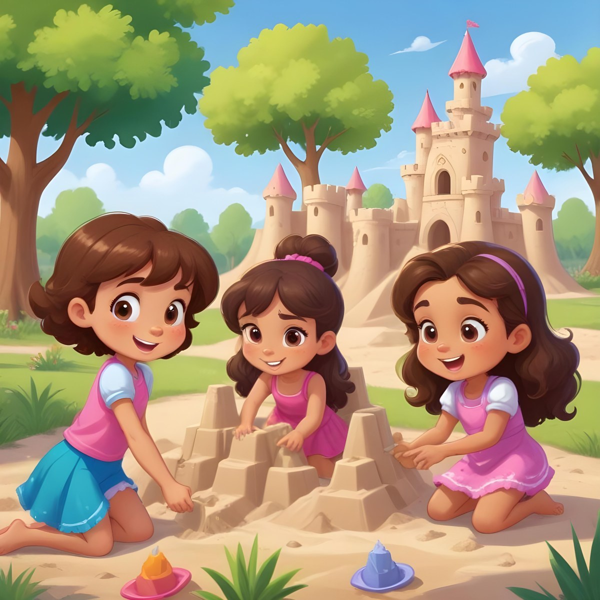 Digital Painting Three Children Playing In A Vibrant Park A Girl With Light Skin And Brown Hair Around 6 Years Old Is Building A Sandcastle Two Children One With Dark Hair And Light Skin And The Other With Bro 5 4f88