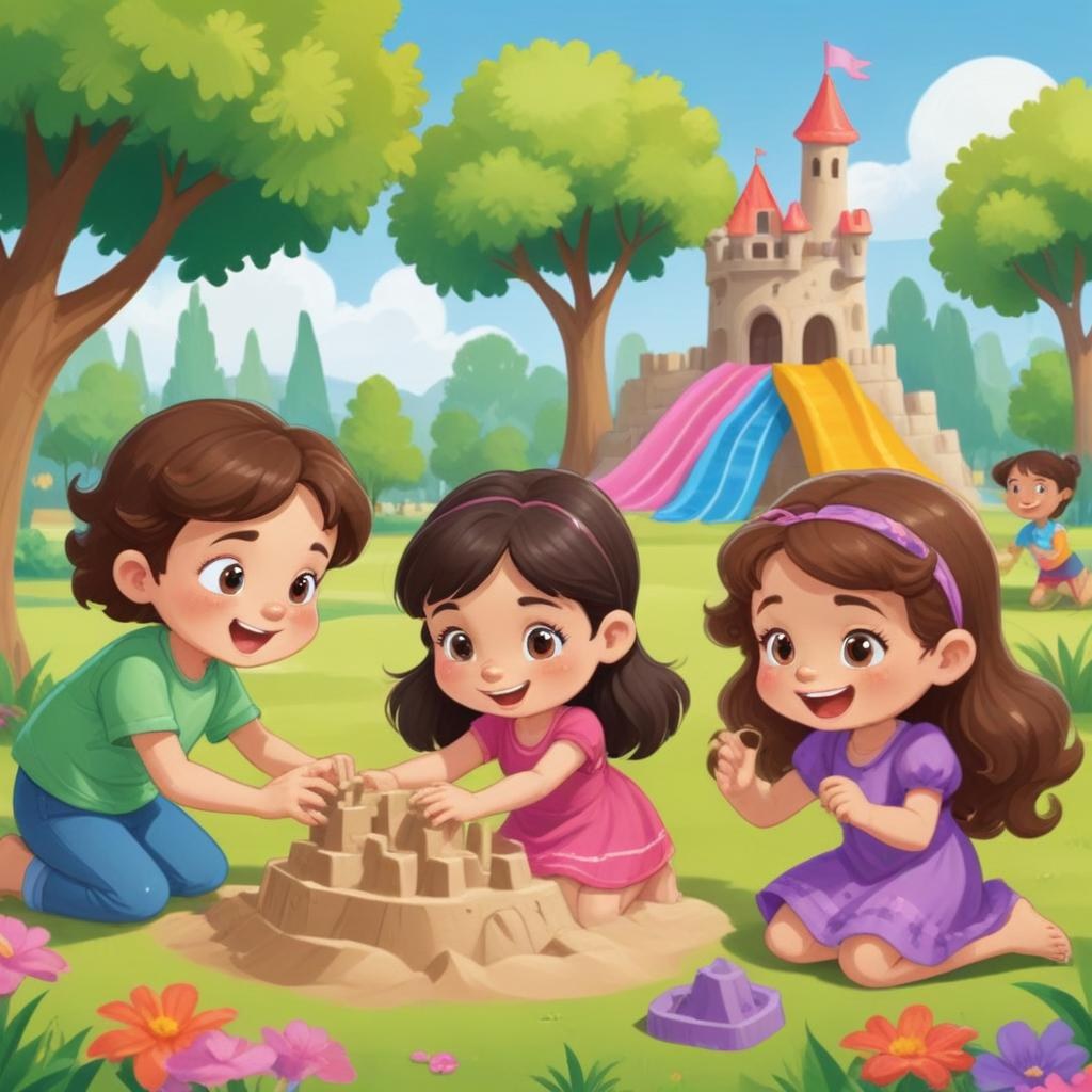 Digital Painting Three Children Playing In A Vibrant Park A Girl With Light Skin And Brown Hair Around 6 Years Old Is Building A Sandcastle Two Children One With Dark Hair And Light Skin And The Other With Bro 9 9e60