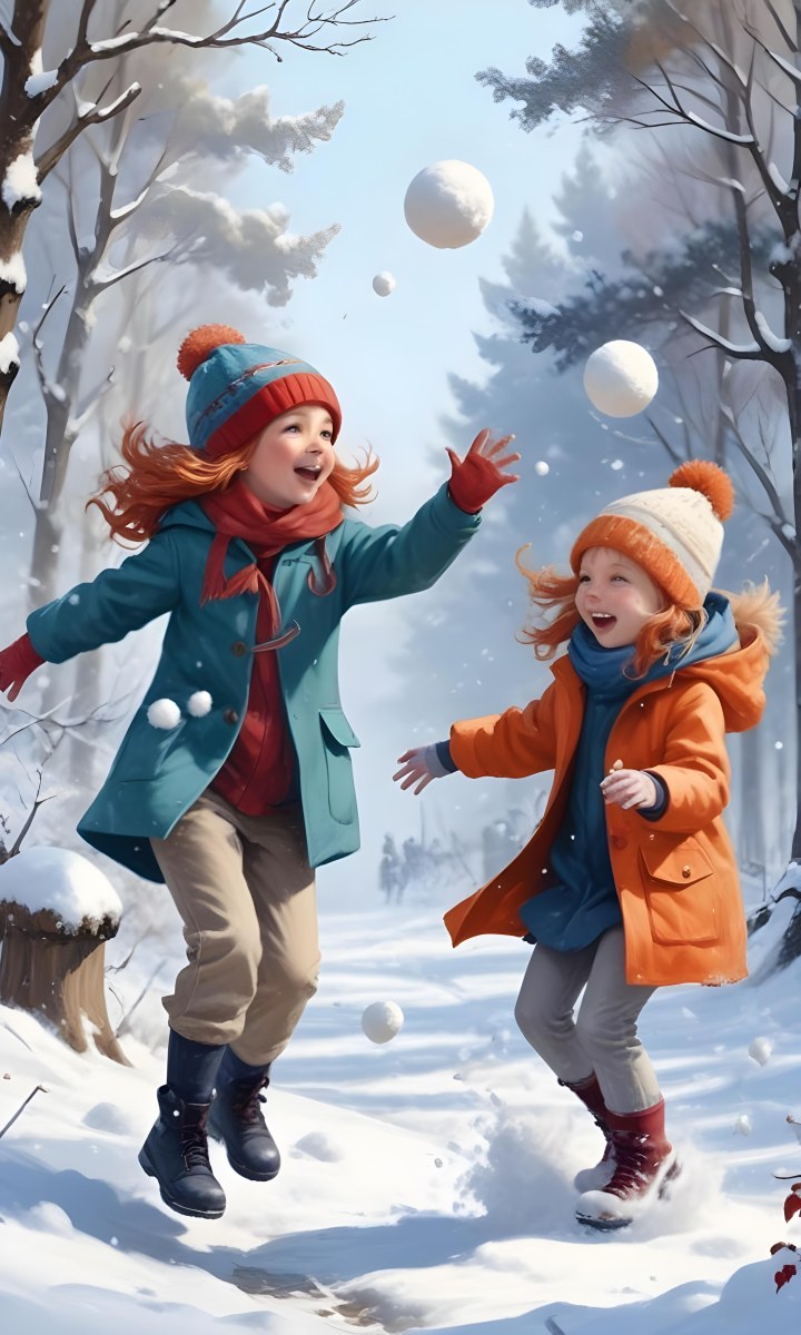Digital Painting Two Young Girls Playing In The Snow
