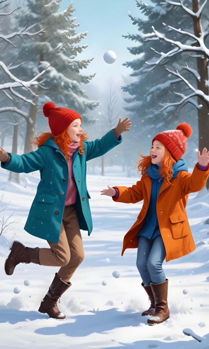 Digital Painting Two Young Girls Playing In The Snow Both Around 6 8 Years Old One Girl Has Red Hair And Is Wearing A Teal Jacket With A Red Hat While The Other Girl Has Blonde Hair And Is Dressed In An Orange Coat 3 1d6e