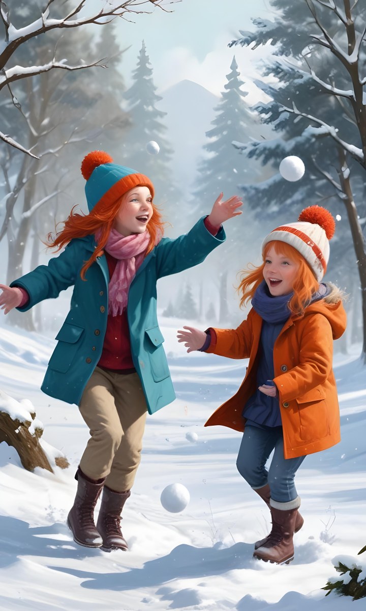 Digital Painting Two Young Girls Playing In The Snow Both Around 6 8 Years Old One Girl Has Red Hair And Is Wearing A Teal Jacket With A Red Hat While The Other Girl Has Blonde Hair And Is Dressed In An Orange Coat 4 D6e6