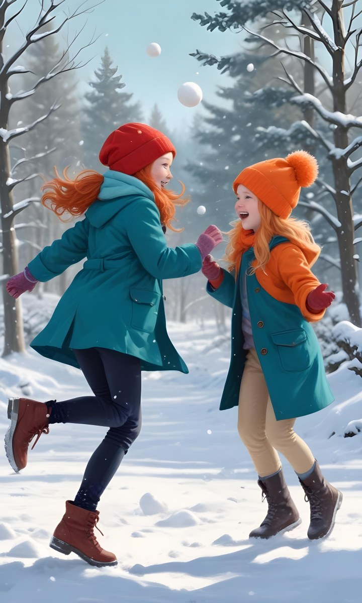 Digital Painting Two Young Girls Playing In The Snow Both Around 6 8 Years Old One Girl Has Red Hair And Is Wearing A Teal Jacket With A Red Hat While The Other Girl Has Blonde Hair And Is Dressed In An Orange Coat 5 1e1e