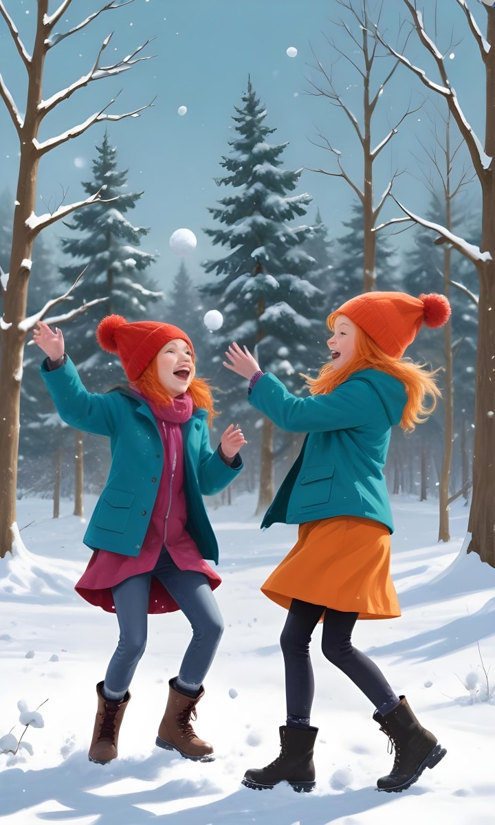 Digital Painting Two Young Girls Playing In The Snow Both Around 6 8 Years Old One Girl Has Red Hair And Is Wearing A Teal Jacket With A Red Hat While The Other Girl Has Blonde Hair And Is Dressed In An Orange Coat 6 F0af