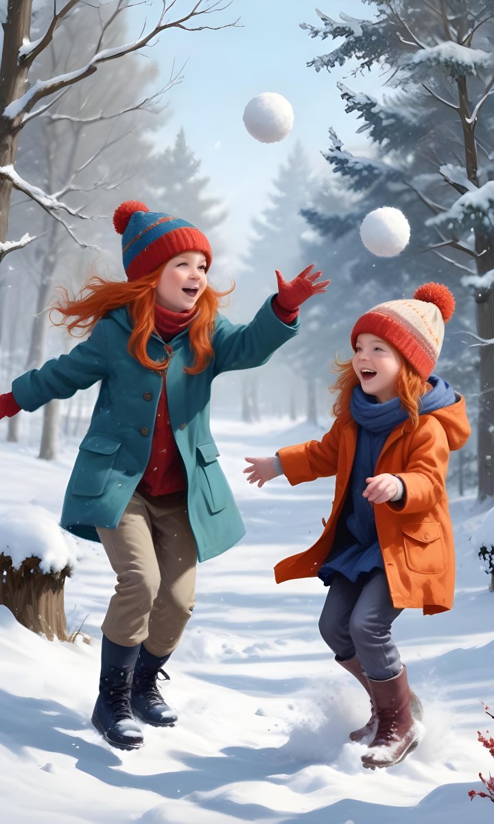 Digital Painting Two Young Girls Playing In The Snow Both Around 6 8 Years Old One Girl Has Red Hair And Is Wearing A Teal Jacket With A Red Hat While The Other Girl Has Blonde Hair And Is Dressed In An Orange Coat 7 B176