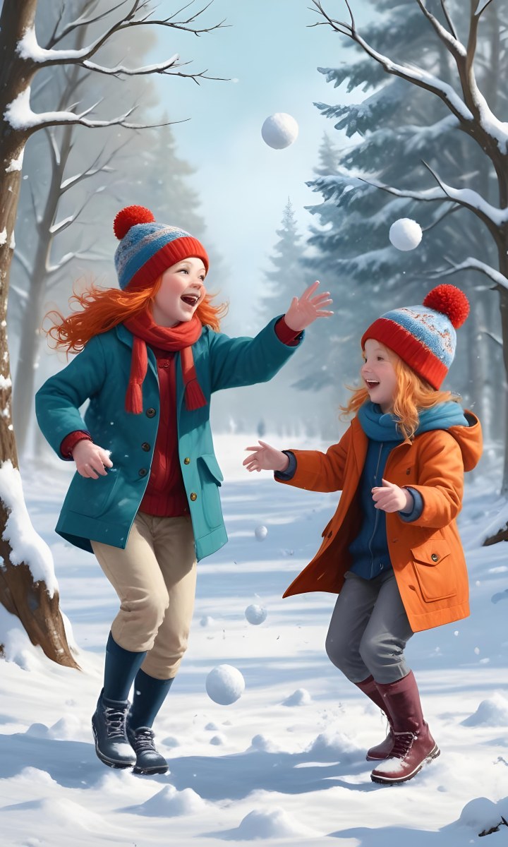 Digital Painting Two Young Girls Playing In The Snow Both Around 6 8 Years Old One Girl Has Red Hair And Is Wearing A Teal Jacket With A Red Hat While The Other Girl Has Blonde Hair And Is Dressed In An Orange Coat 8 Ec9f
