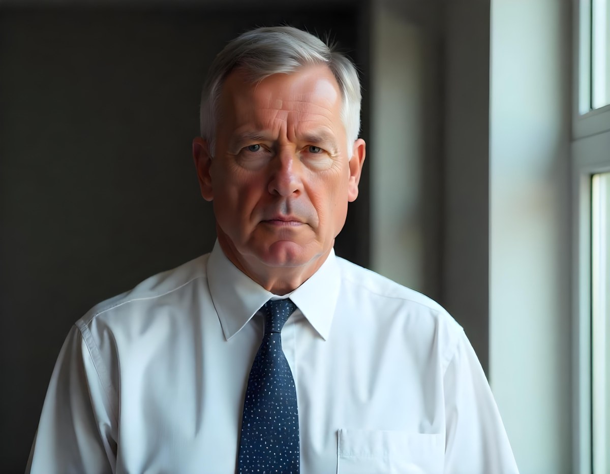 Elderly Caucasian Man With Gray Hair Wearing A White Shirt And Blue Tie Looking Serious 2 7989