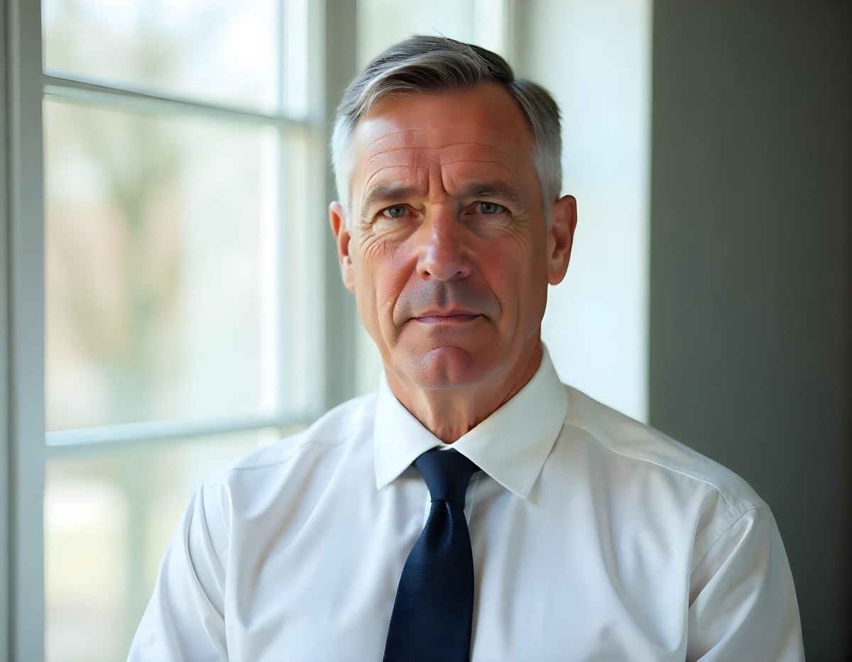 Elderly Caucasian Man With Gray Hair Wearing A White Shirt And Blue Tie Looking Serious 4 F03a