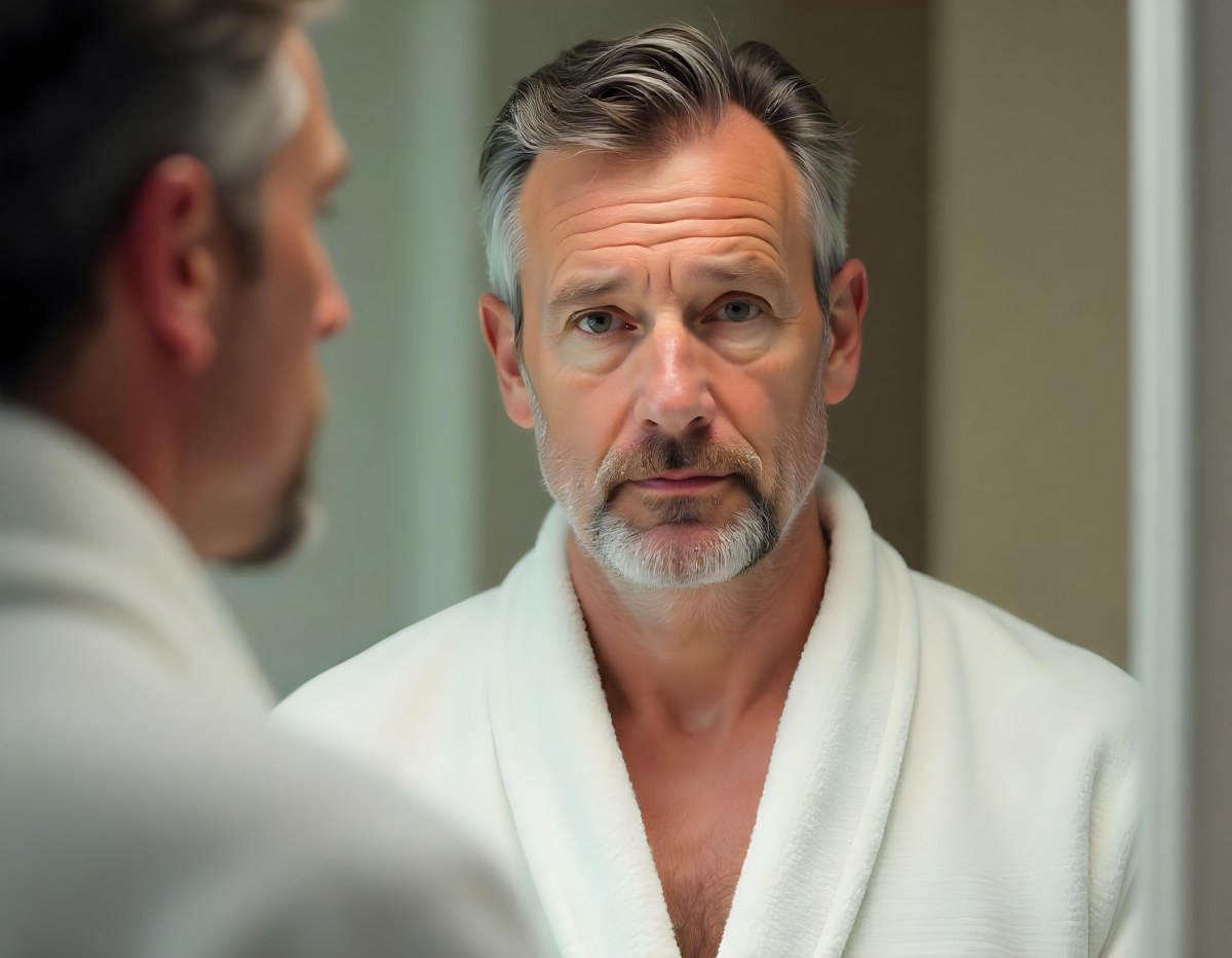 Elderly Caucasian Man With White Hair And Beard Wearing A White Bathrobe Standing In A Bathroom Setting 7 A430