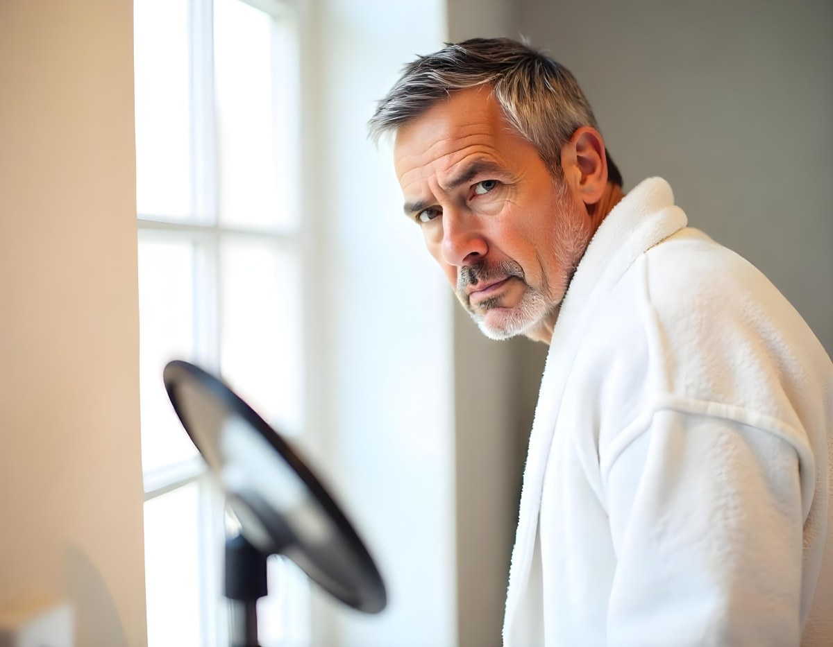 Elderly Caucasian Man With White Hair And Beard Wearing A White Bathrobe Standing In A Bathroom Setting 8 832b