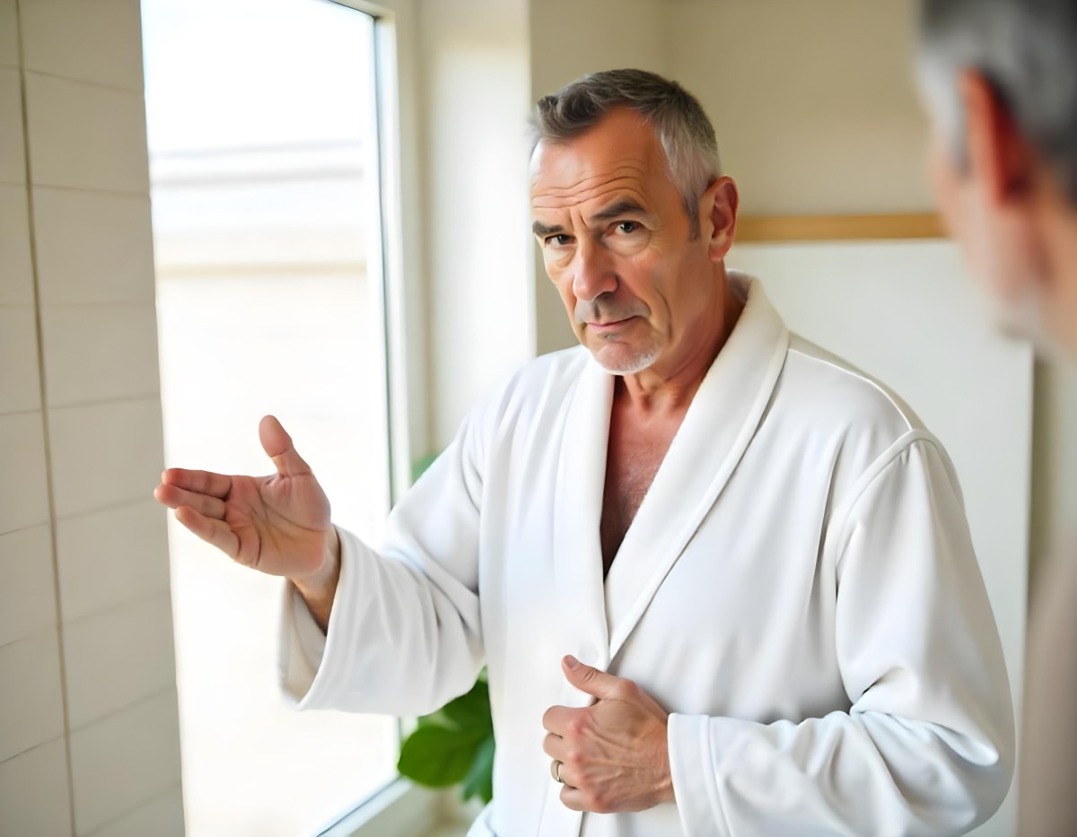 Elderly Caucasian Man With White Hair And Beard Wearing A White Bathrobe Standing In A Bathroom Setting 9 8c7f