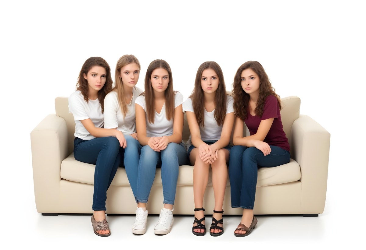 Four Young Caucasian Women Approximately 20 25 Years Old With Varying Hair Colors And Styles Long Sitting On A White Couch And Looking At The Camera 1 85b5