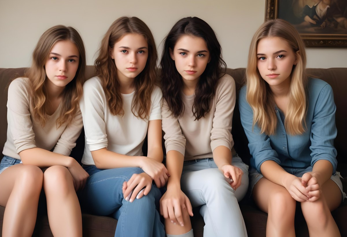 Four Young Caucasian Women Approximately 20 25 Years Old With Varying Hair Colors And Styles Long Sitting On A White Couch And Looking At The Camera 2 B945