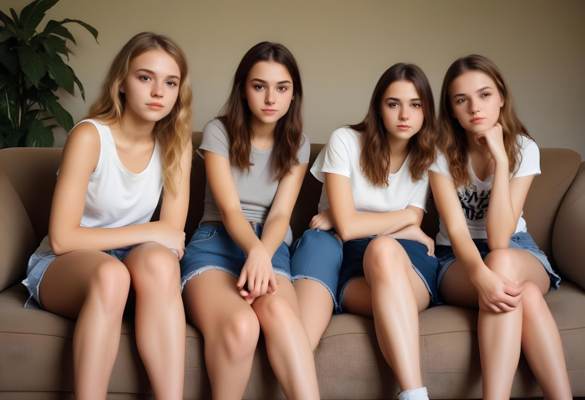 Four Young Caucasian Women Approximately 20 25 Years Old With Varying Hair Colors And Styles Long Sitting On A White Couch And Looking At The Camera 5 06ed
