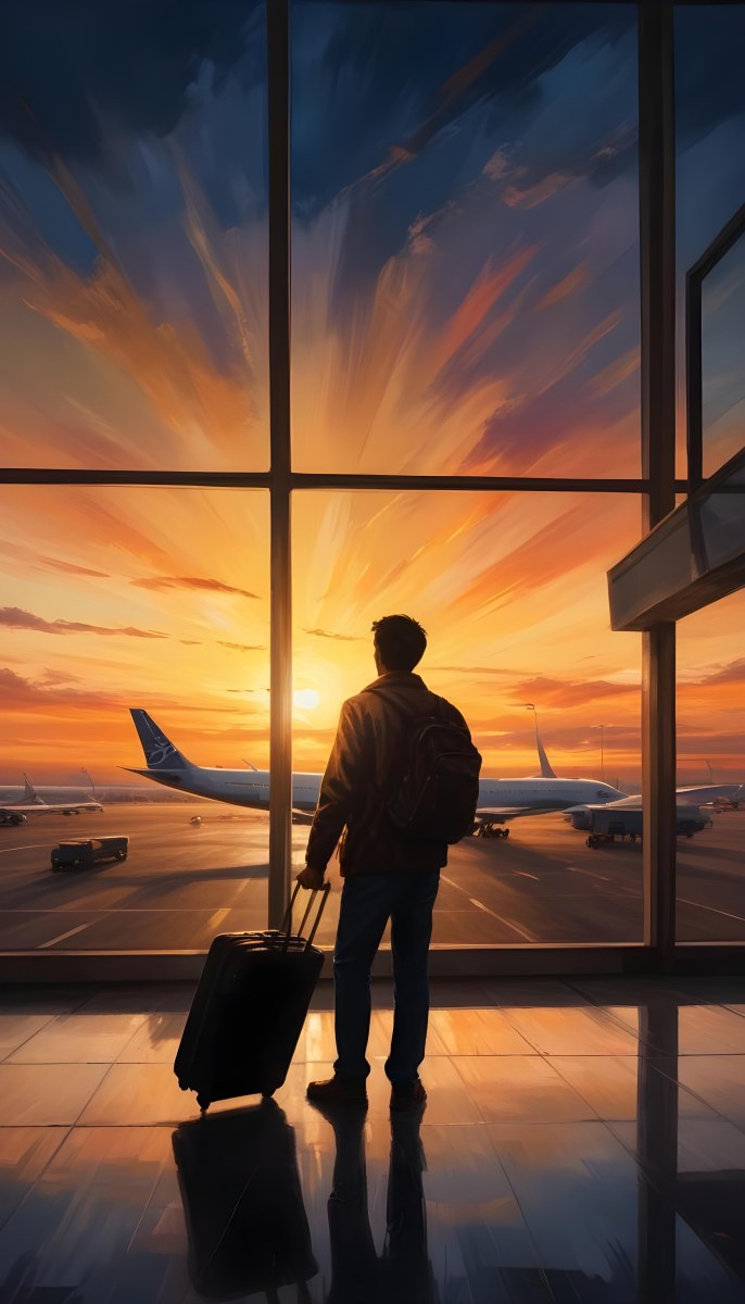 Minimal Soft Studio Light Photography A Silhouetted Person Standing In An Airport Terminal With A Suitcase Looking Out At The Dramatic Sunset Sky Through The Window High Detail Solid Bold Color Background 15 4ac3