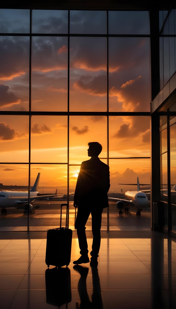Minimal Soft Studio Light Photography A Silhouetted Person Standing In An Airport Terminal With A Suitcase Looking Out At The Dramatic Sunset Sky Through The Window High Detail Solid Bold Color Background 16 E433