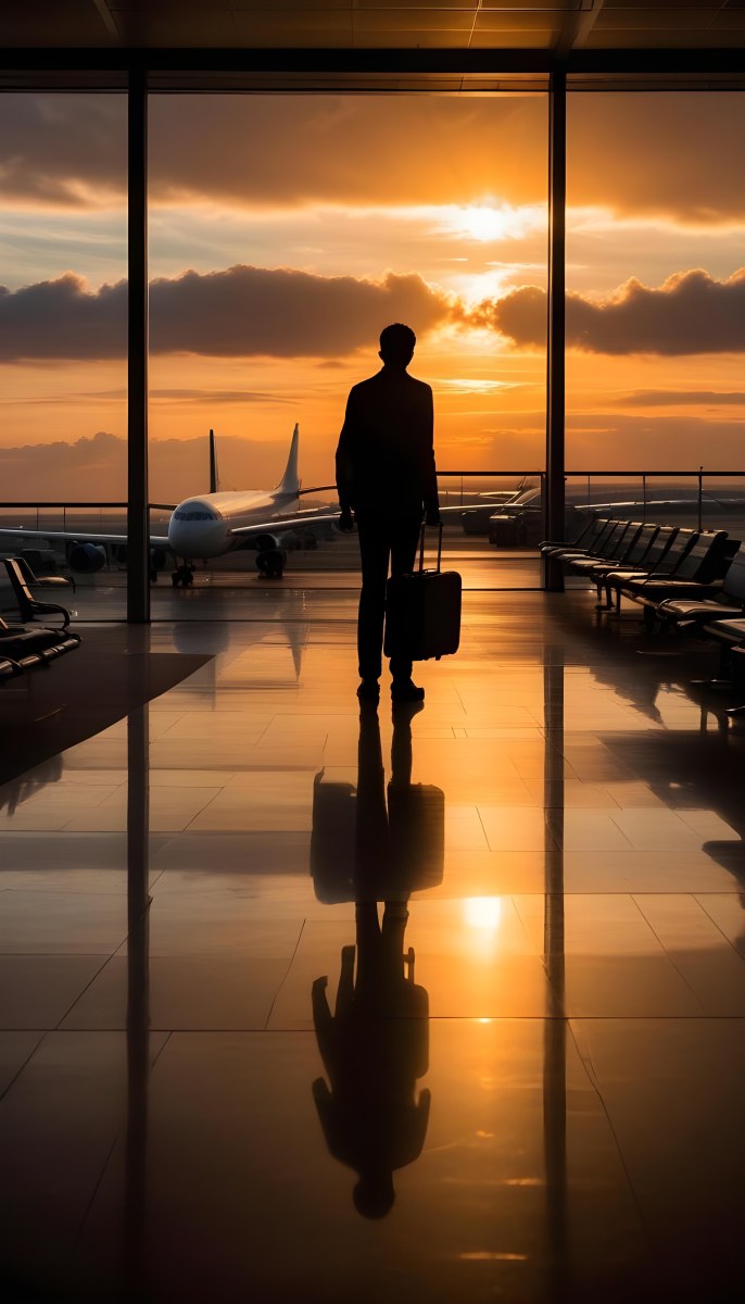 Minimal Soft Studio Light Photography A Silhouetted Person Standing In An Airport Terminal With A Suitcase Looking Out At The Dramatic Sunset Sky Through The Window High Detail Solid Bold Color Background 18 42e3