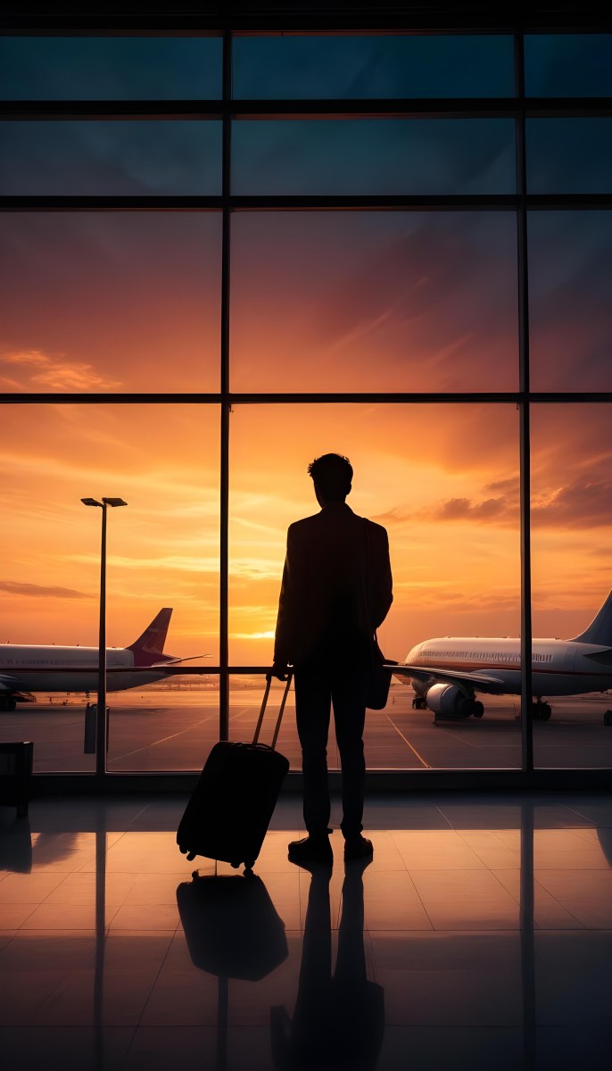 Minimal Soft Studio Light Photography A Silhouetted Person Standing In An Airport Terminal With A Suitcase Looking Out At The Dramatic Sunset Sky Through The Window High Detail Solid Bold Color Background 2 99ef