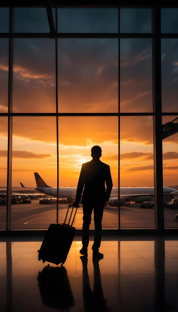 Minimal Soft Studio Light Photography A Silhouetted Person Standing In An Airport Terminal With A Suitcase Looking Out At The Dramatic Sunset Sky Through The Window High Detail Solid Bold Color Background 21 5423
