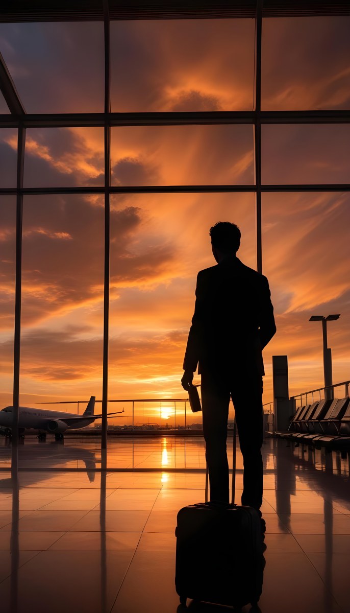 Minimal Soft Studio Light Photography A Silhouetted Person Standing In An Airport Terminal With A Suitcase Looking Out At The Dramatic Sunset Sky Through The Window High Detail Solid Bold Color Background 24 9afd