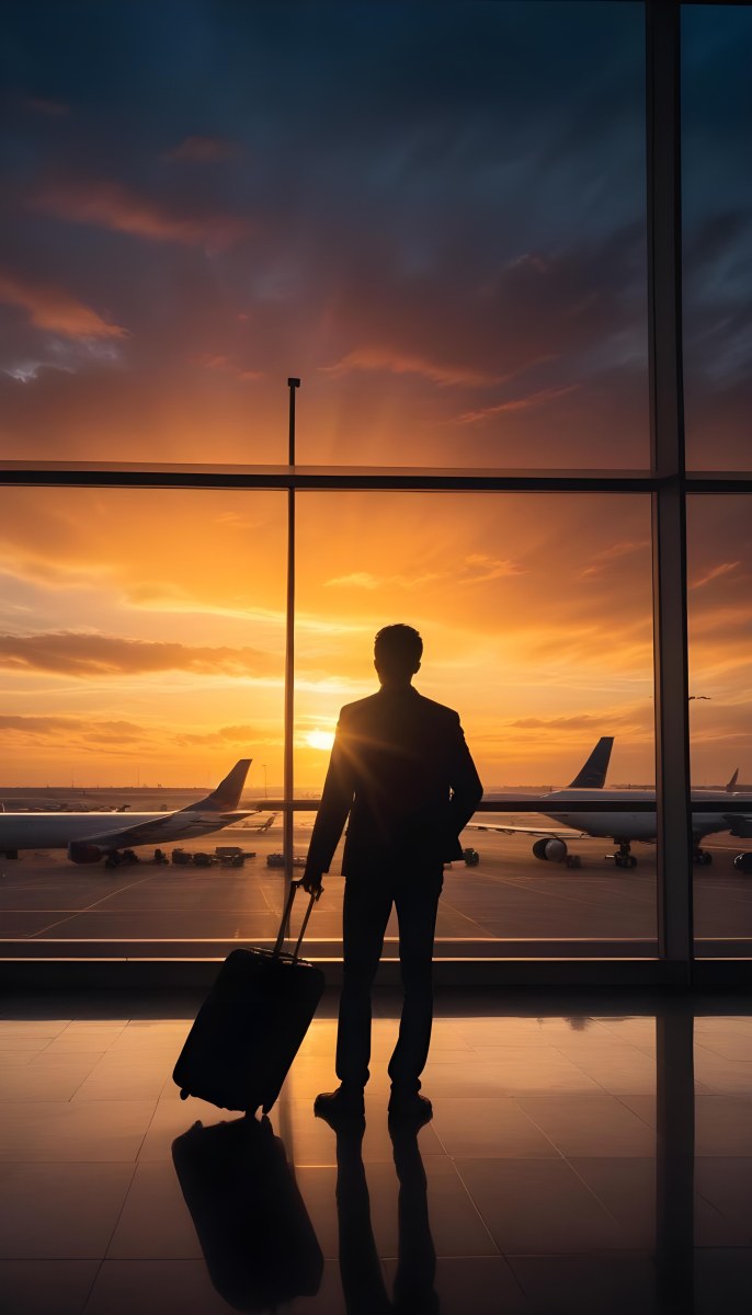 Minimal Soft Studio Light Photography A Silhouetted Person Standing In An Airport Terminal With A Suitcase Looking Out At The Dramatic Sunset Sky Through The Window High Detail Solid Bold Color Background 36 3a8d
