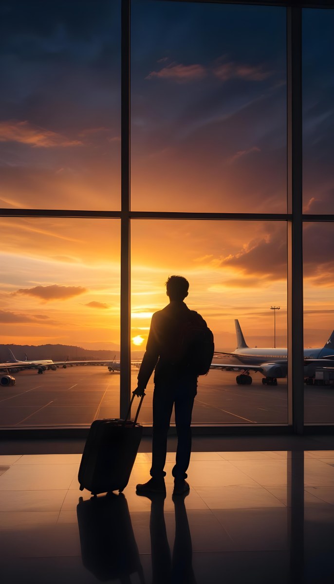 Minimal Soft Studio Light Photography A Silhouetted Person Standing In An Airport Terminal With A Suitcase Looking Out At The Dramatic Sunset Sky Through The Window High Detail Solid Bold Color Background 37 6cb8