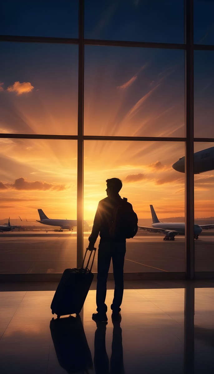 Minimal Soft Studio Light Photography A Silhouetted Person Standing In An Airport Terminal With A Suitcase Looking Out At The Dramatic Sunset Sky Through The Window High Detail Solid Bold Color Background 38 Af83