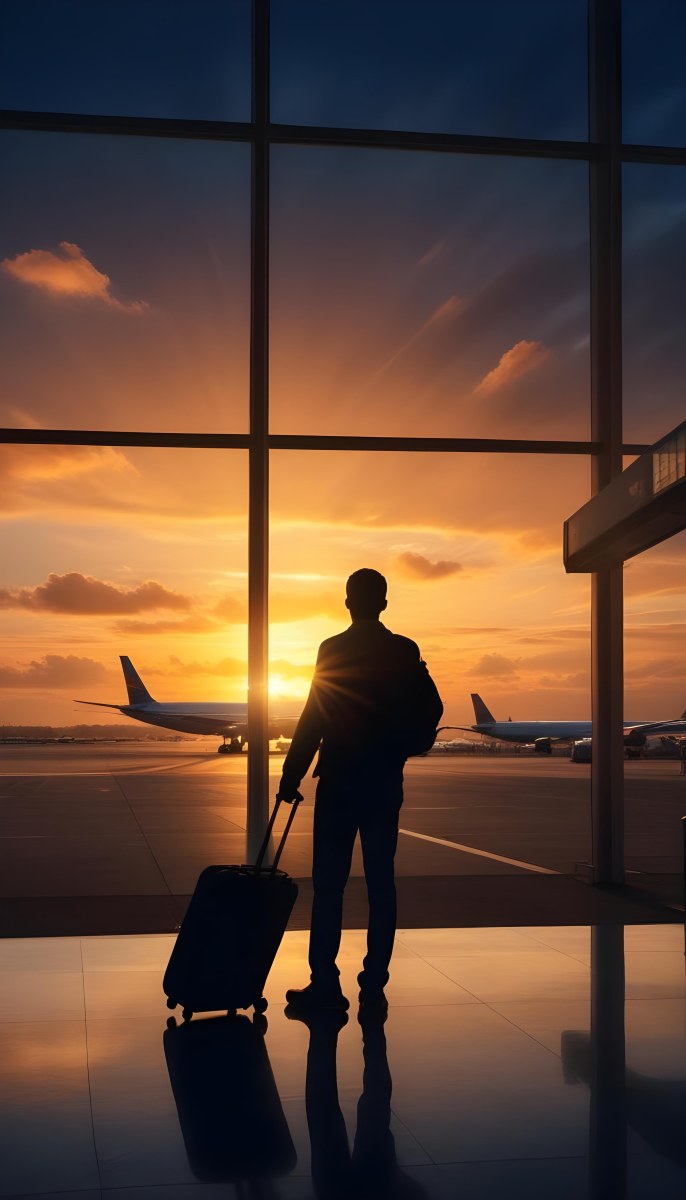 Minimal Soft Studio Light Photography A Silhouetted Person Standing In An Airport Terminal With A Suitcase Looking Out At The Dramatic Sunset Sky Through The Window High Detail Solid Bold Color Background 39 0141