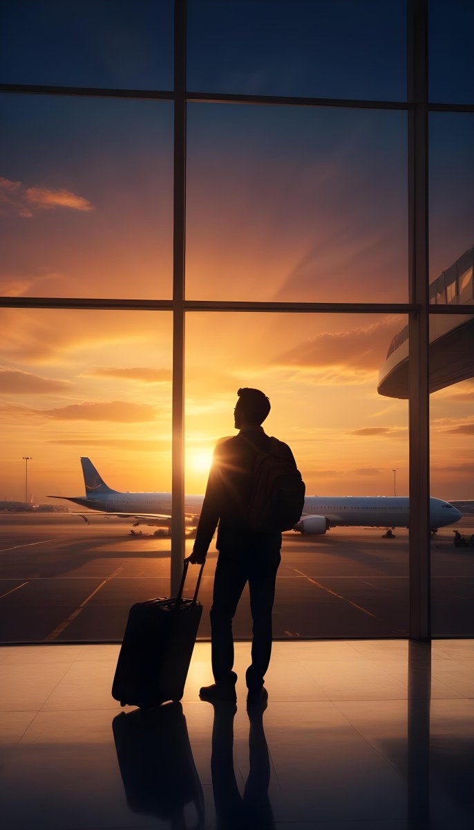 Minimal Soft Studio Light Photography A Silhouetted Person Standing In An Airport Terminal With A Suitcase Looking Out At The Dramatic Sunset Sky Through The Window High Detail Solid Bold Color Background 4 65d0