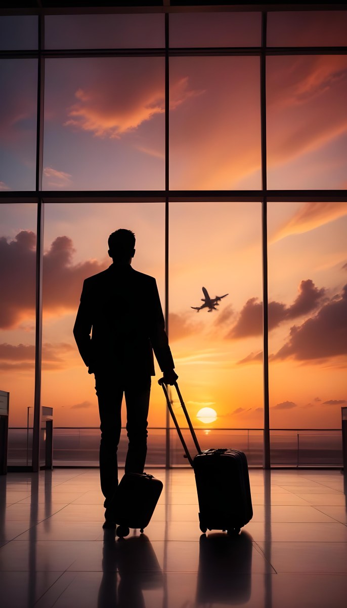 Minimal Soft Studio Light Photography A Silhouetted Person Standing In An Airport Terminal With A Suitcase Looking Out At The Dramatic Sunset Sky Through The Window High Detail Solid Bold Color Background 5 49e3
