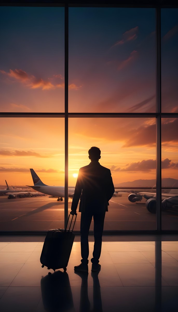 Minimal Soft Studio Light Photography A Silhouetted Person Standing In An Airport Terminal With A Suitcase Looking Out At The Dramatic Sunset Sky Through The Window High Detail Solid Bold Color Background 6 9f47
