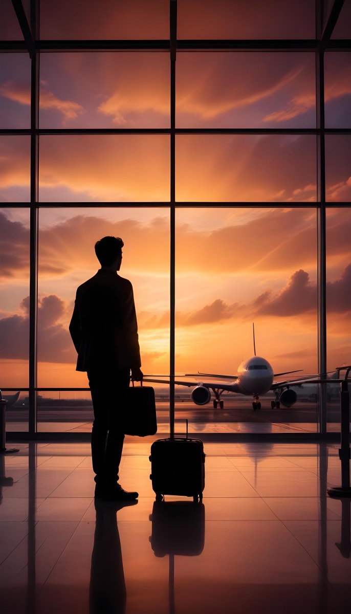 Minimal Soft Studio Light Photography A Silhouetted Person Standing In An Airport Terminal With A Suitcase Looking Out At The Dramatic Sunset Sky Through The Window High Detail Solid Bold Color Background 7 017a