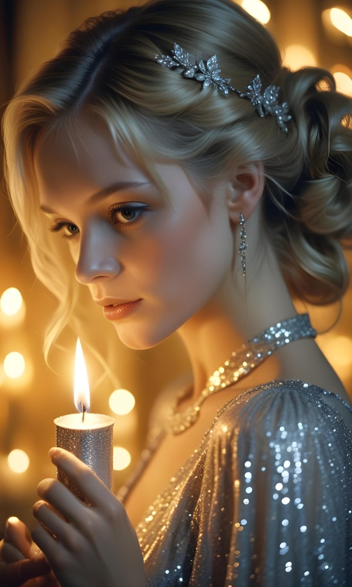 Minimal Soft Studio Light Photography A Young Caucasian Woman With Long Blonde Hair Styled In An Updo Wearing A Sparkling Silver Dress And Holding A Lit Candle The Background Is A Warm Golden Color High Detail Sol 5 3c4d