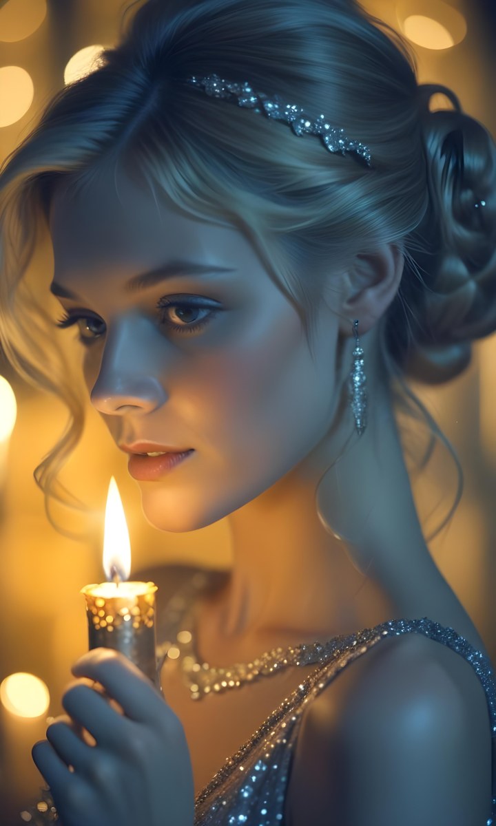 Minimal Soft Studio Light Photography A Young Caucasian Woman With Long Blonde Hair Styled In An Updo Wearing A Sparkling Silver Dress And Holding A Lit Candle The Background Is A Warm Golden Color High Detail Sol 7 F494