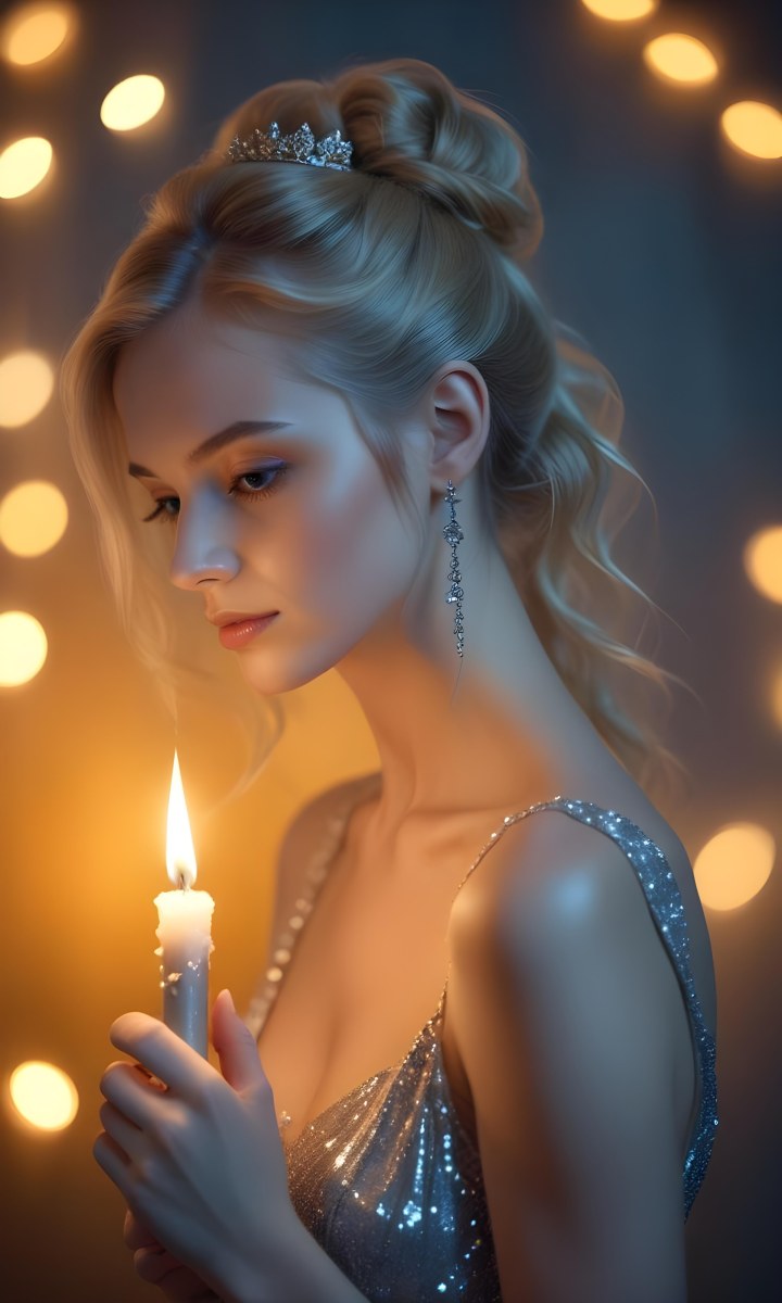 Minimal Soft Studio Light Photography A Young Caucasian Woman With Long Blonde Hair Styled In An Updo Wearing A Sparkling Silver Dress And Holding A Lit Candle The Background Is A Warm Golden Color High Detail Sol 8 Add1