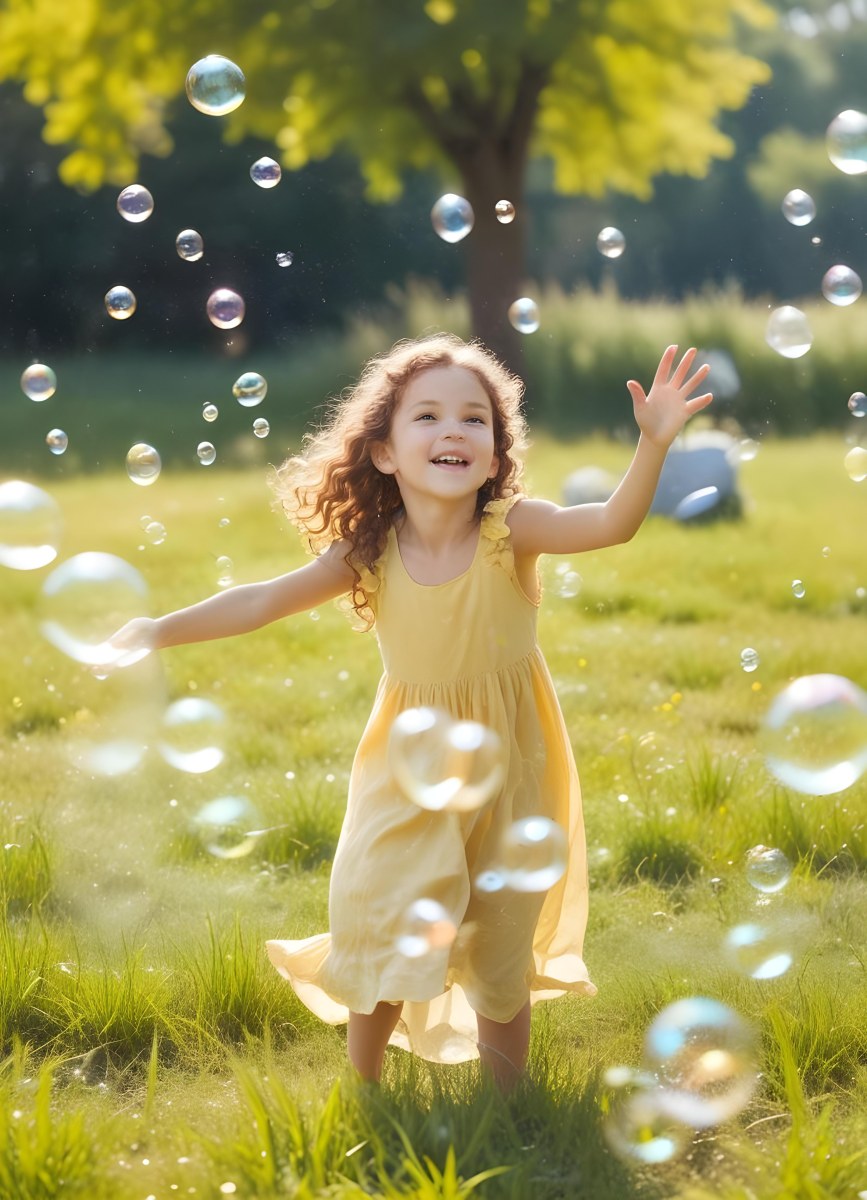Minimal Soft Studio Light Photography A Young Girl With Curly Brown Hair Approximately 5 Years Old Wearing A Yellow Dress Joyfully Reaching Out Towards Floating Bubbles In The Background Two Other Children Are V 3 Ba45