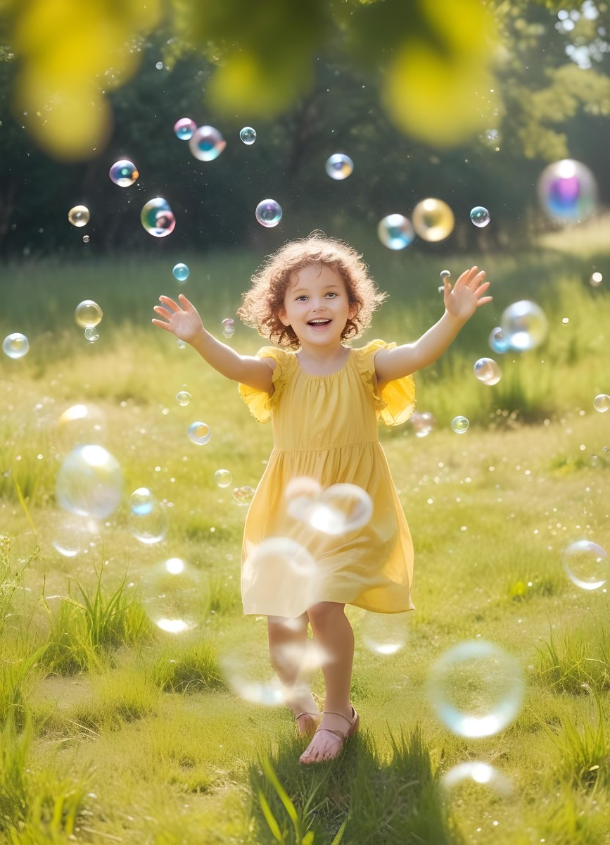 Minimal Soft Studio Light Photography A Young Girl With Curly Brown Hair Approximately 5 Years Old Wearing A Yellow Dress Joyfully Reaching Out Towards Floating Bubbles In The Background Two Other Children Are V 4 11df