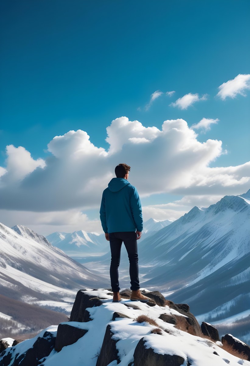 Minimal Soft Studio Light Photography A Young Man Standing On A Rocky Cliff Overlooking A Snowy Mountain Landscape With Dramatic Clouds In The Blue Sky High Detail Solid Bold Color Background 1 7d50