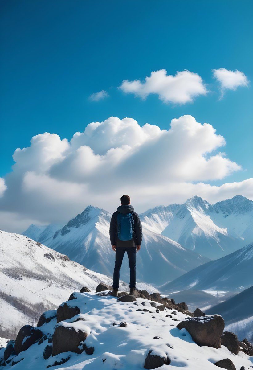 Minimal Soft Studio Light Photography A Young Man Standing On A Rocky Cliff Overlooking A Snowy Mountain Landscape With Dramatic Clouds In The Blue Sky High Detail Solid Bold Color Background 13 7c39
